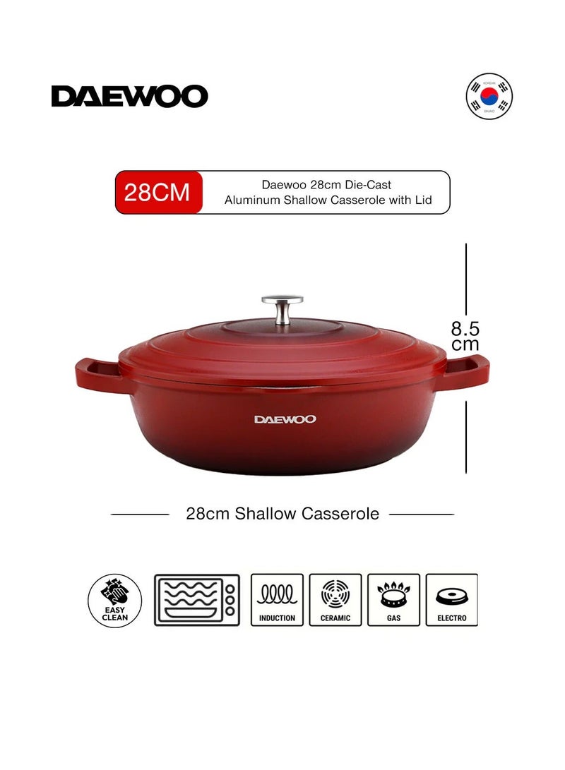 DAEWOO دايو 28 سم طاجن ضحل من الألمنيوم المصبوب مع غطاء، طلاء غير لاصق من حجر الجرانيت، قاعدة تحريض كاملة، آمن للاستخدام في الفرن، أحمر، خالي من المواد الكيميائية - Image 3