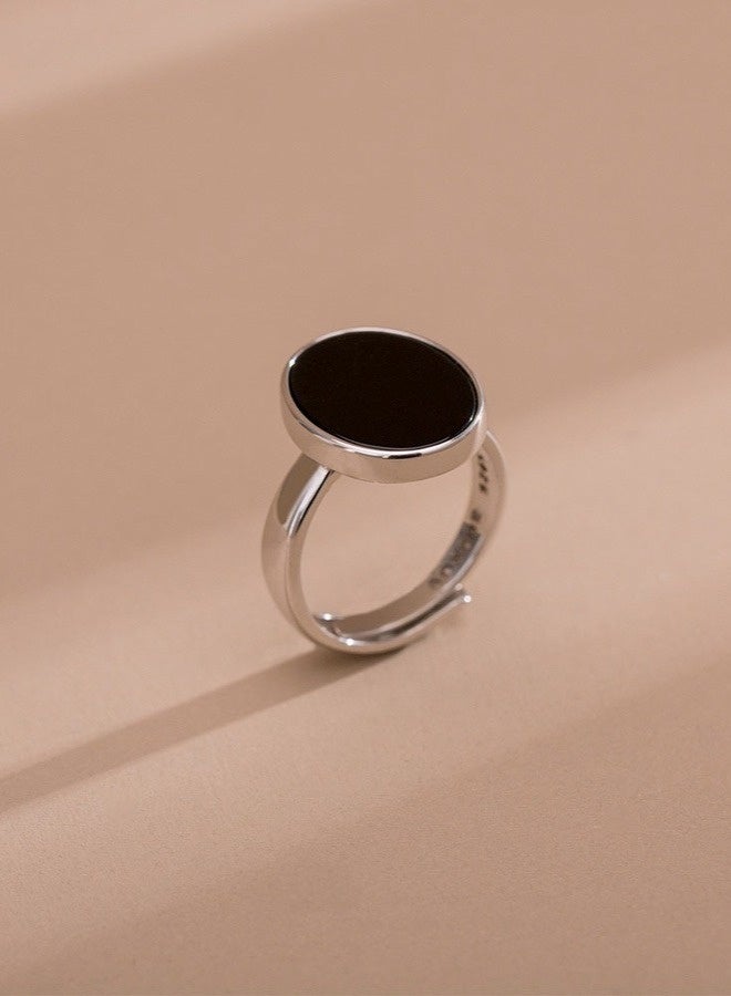 PORSTOO Korean Simple Inlaid with Black Agate Ring For Ladies, Adjustable High-end Fashion Niche Retro Personality - Image 2
