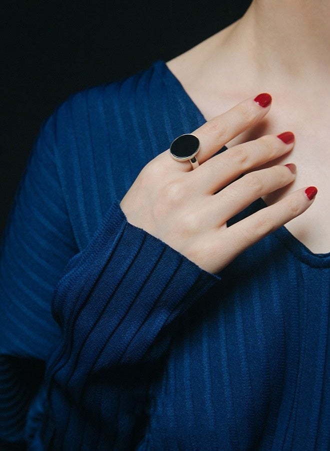 PORSTOO Korean Simple Inlaid with Black Agate Ring For Ladies, Adjustable High-end Fashion Niche Retro Personality - Image 5