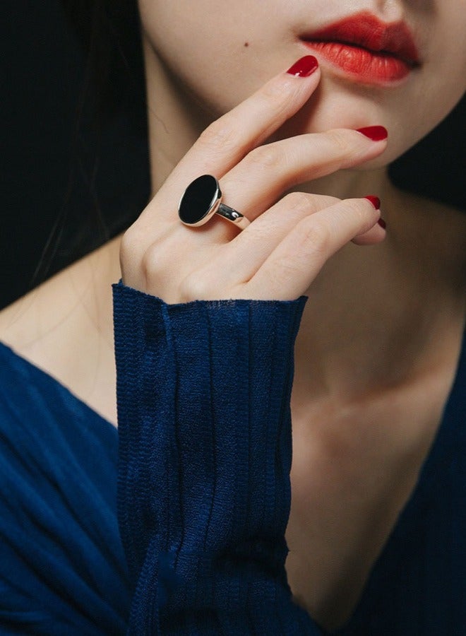 PORSTOO Korean Simple Inlaid with Black Agate Ring For Ladies, Adjustable High-end Fashion Niche Retro Personality - Image 1