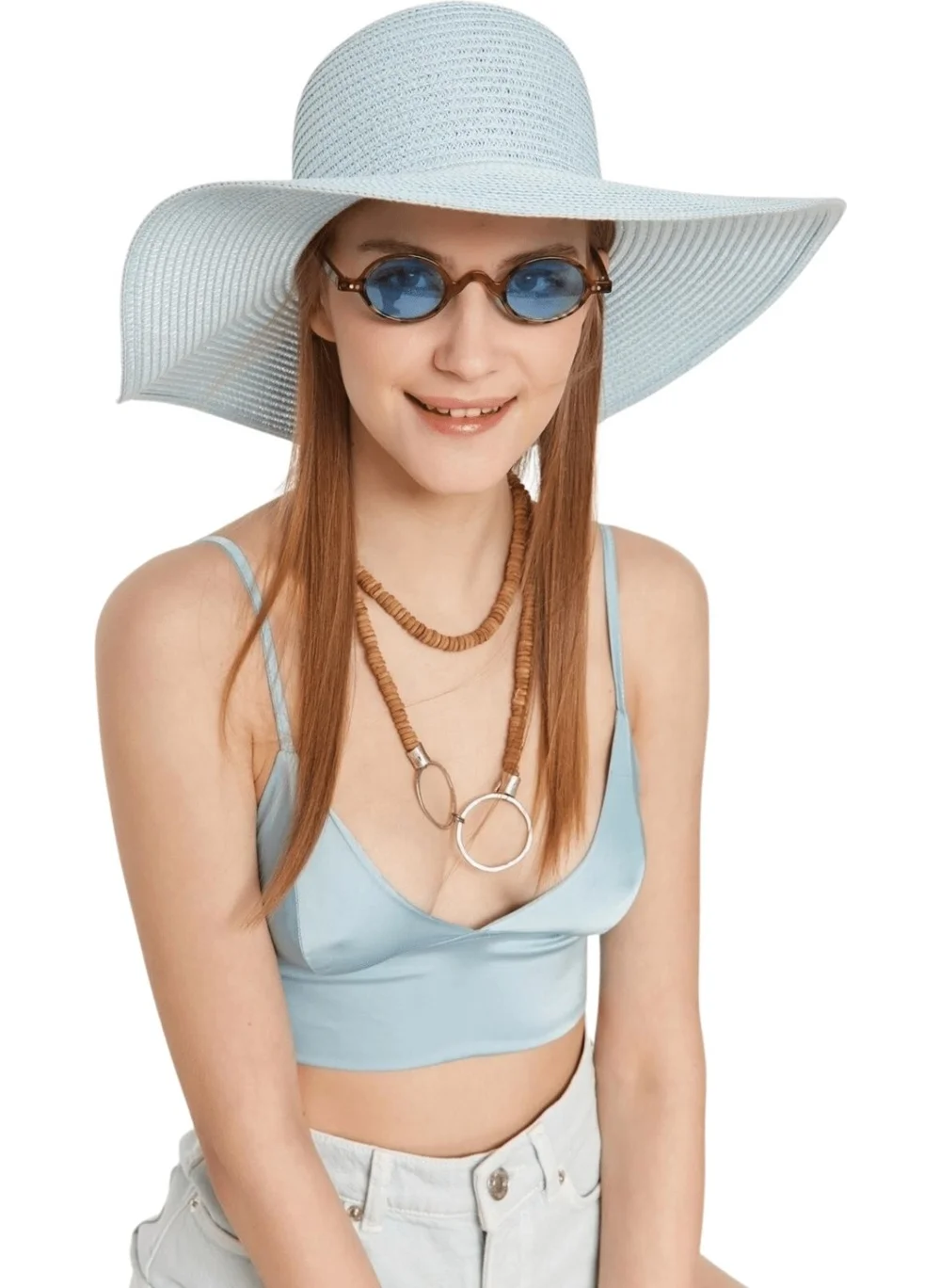 Butikburuc Women's Baby Blue Wide Straw Beach Hat