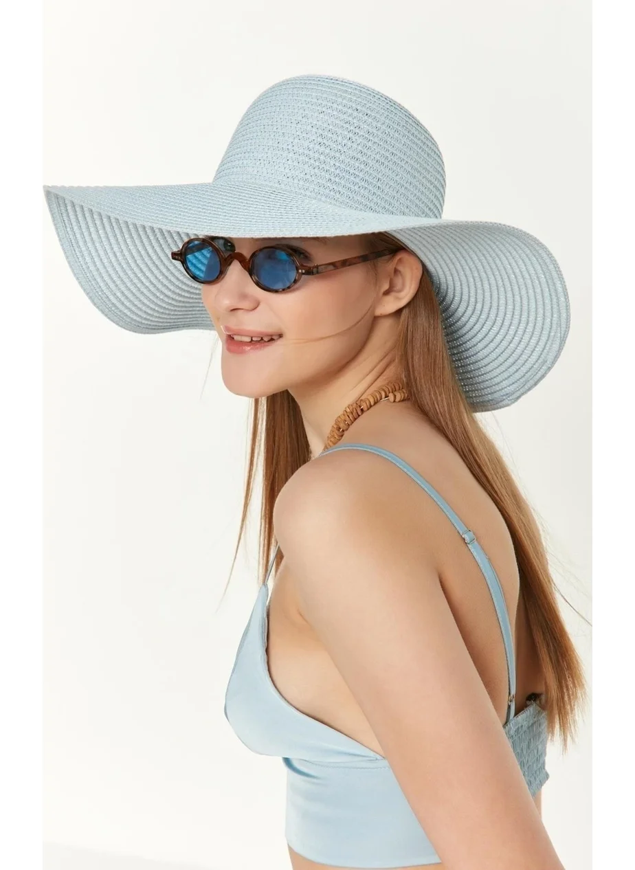 Butikburuc Women's Baby Blue Wide Straw Beach Hat