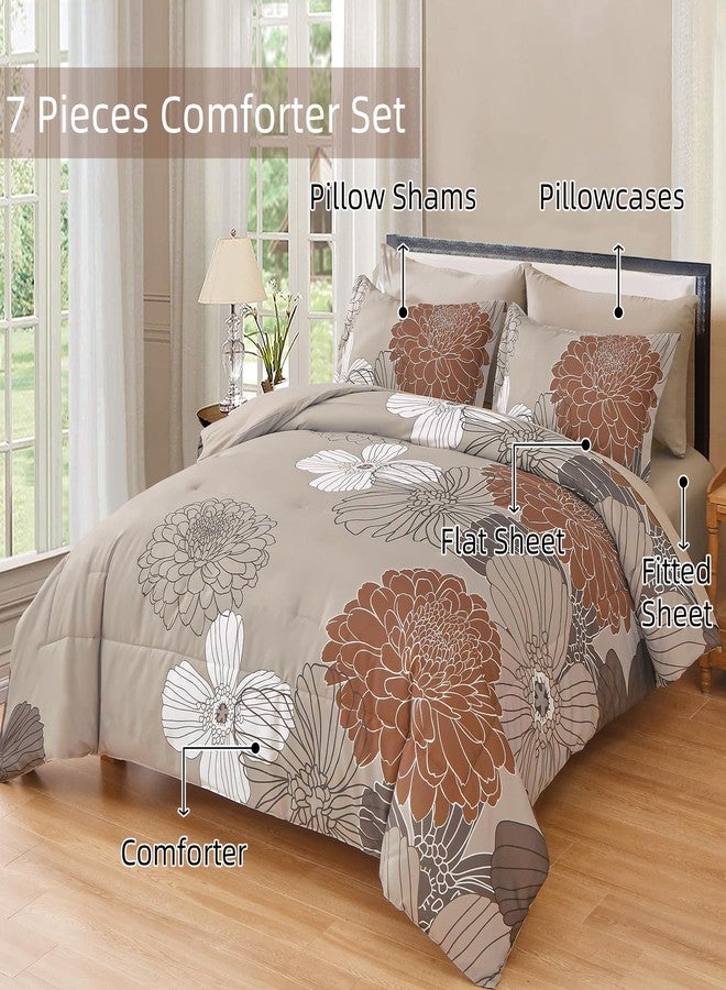 Yiran Taupe Brown Comforter Set Queen Size,7 Pieces Bed in a Bag Floral Comforter,Soft Microfiber Bedding Sets for All Seasons,90"×90" - Image 3