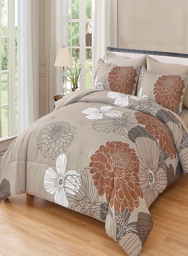 Yiran Taupe Brown Comforter Set Queen Size,7 Pieces Bed in a Bag Floral Comforter,Soft Microfiber Bedding Sets for All Seasons,90"×90" - Image 1