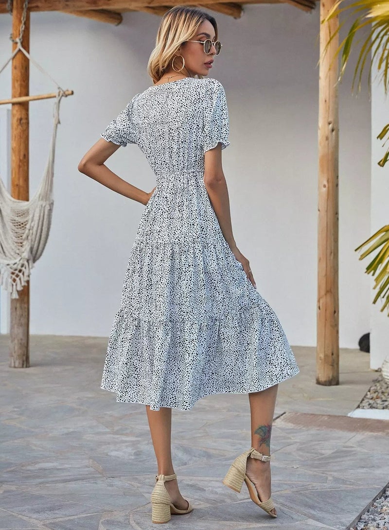 Confetti Print Ruffle Hem Puff Sleeve Dress  - Image 2