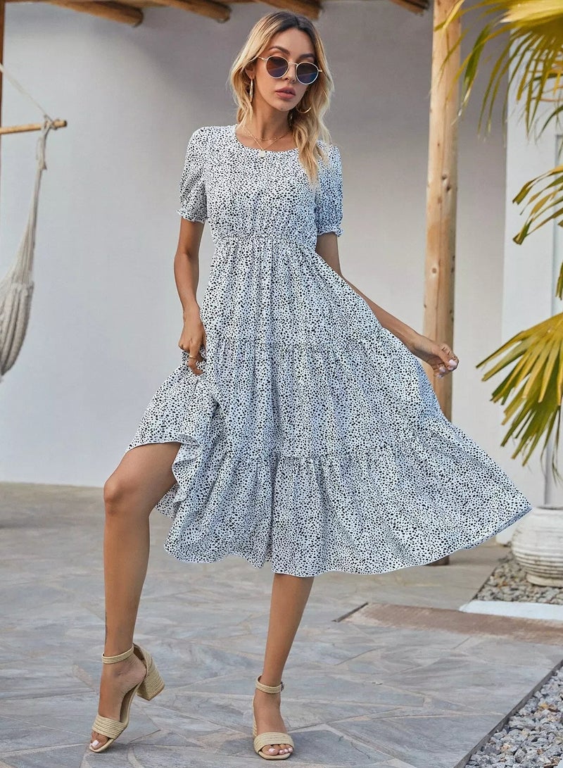 Confetti Print Ruffle Hem Puff Sleeve Dress  - Image 1