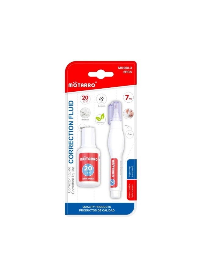 MOTARRO Correction Pen & 20ml Fluid Set MK008-3 – Quick-Dry, Smooth Coverage, 7ml + 20ml - Image 1