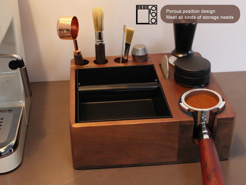 DELERKE Espresso Tamping Station Knock Box Walnut Tamper Station Espresso Station Fit For Storage 51-58Mm Tamper Distributor Portafilter Puck Screen Accessories 9 In 1 Espresso Knock Box And Tamper Station - Image 4