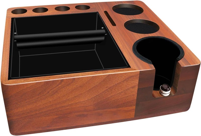 DELERKE Espresso Tamping Station Knock Box Walnut Tamper Station Espresso Station Fit For Storage 51-58Mm Tamper Distributor Portafilter Puck Screen Accessories 9 In 1 Espresso Knock Box And Tamper Station - Image 1