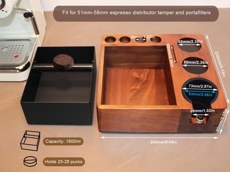 DELERKE Espresso Tamping Station Knock Box Walnut Tamper Station Espresso Station Fit For Storage 51-58Mm Tamper Distributor Portafilter Puck Screen Accessories 9 In 1 Espresso Knock Box And Tamper Station - Image 3