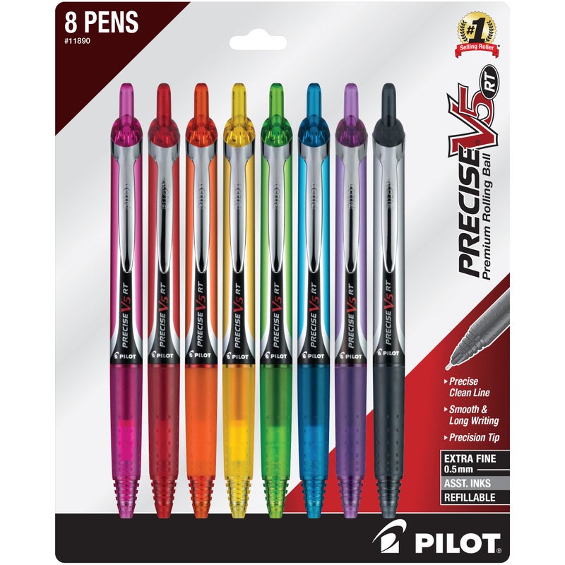 Pilot Precise V5 RT Refillable & Retractable Rolling Ball Pens, Extra Fine Point Pens, 0.5 mm, Vibrant, Pack of 8 - Ideal for School, Journaling & Office Writing - Image 1