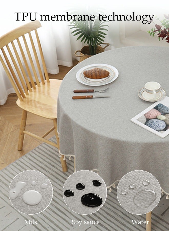 DUNISO Solid Color TPU Coated Cotton And Linen Round Tablecloth With Tassel Edge, Wear-Resistant, Dustproof, Waterproof And Oil-Proof, Suitable For Kitchen, Restaurant, Home, Terrace, Camping, Study, 110cm*110cm - Image 4