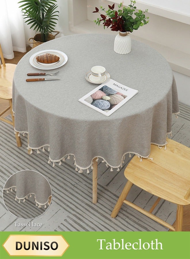 DUNISO Solid Color TPU Coated Cotton And Linen Round Tablecloth With Tassel Edge, Wear-Resistant, Dustproof, Waterproof And Oil-Proof, Suitable For Kitchen, Restaurant, Home, Terrace, Camping, Study, 110cm*110cm - Image 1