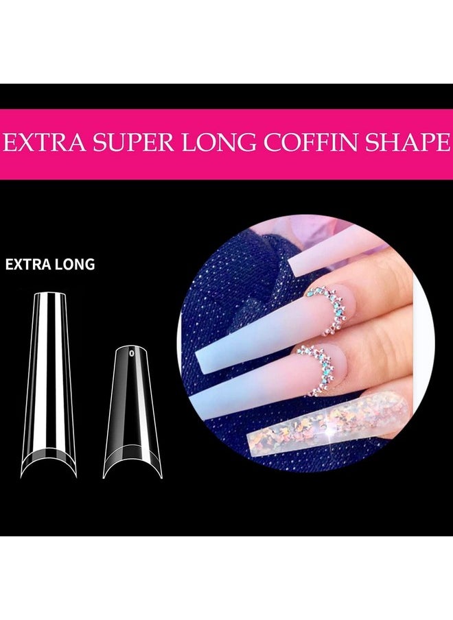 UNA GELLA - Extra Long Coffin Nail Tips No C Curve 504Pcs Xxl Coffin Nails Half Cover Long Coffin Gel X Nails Tips Clear Fake False Nails Long Gel Extensions For Nail Art Salon Home Diy No Need File - Image 1