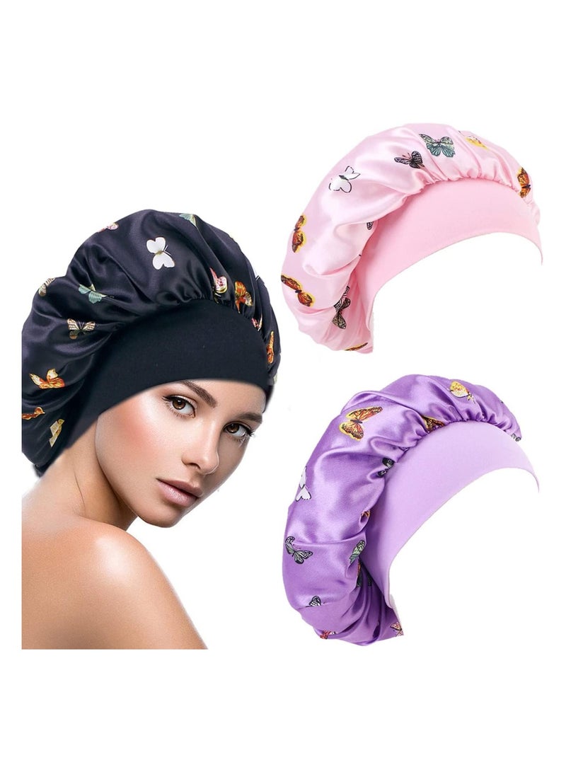 Satin Silk Bonnet, Night Sleep Cap No Tight Bathroom Cap Hairdressing Cap Soft and Comfortable Without Hurting Hair for Women Girls, Sleeping Hair Care, Head Cover Elastic Hat 3PCS - Image 1