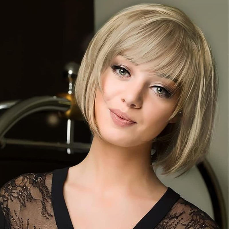 Queentas Califonia Blonde Wig Short Bob Straight Synthetic Hair Wig with Wig Cap for Women Girls 11