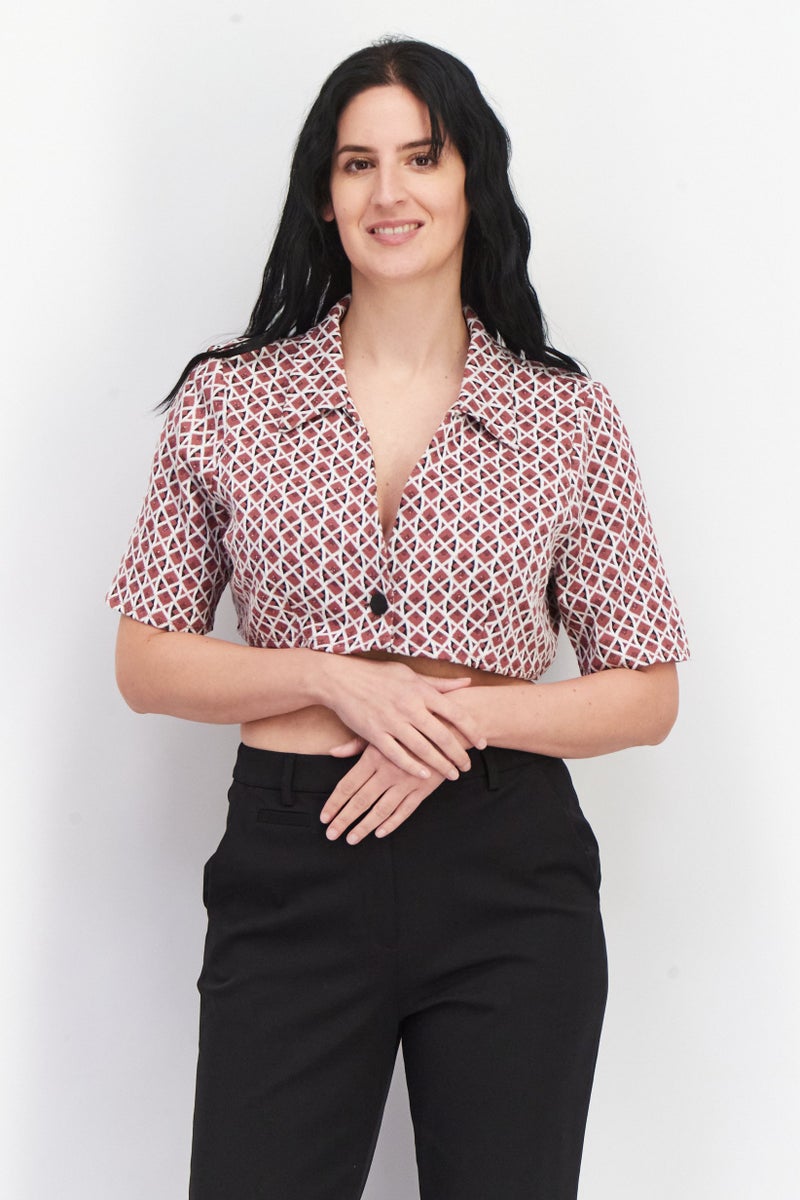 Asos Design Women Spread Collar Short Sleeve Textured Blouse, Brown  - Image 1