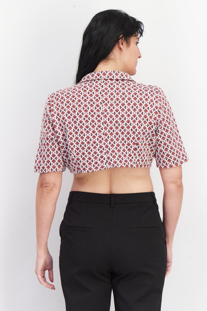 Asos Design Women Spread Collar Short Sleeve Textured Blouse, Brown  - Image 2