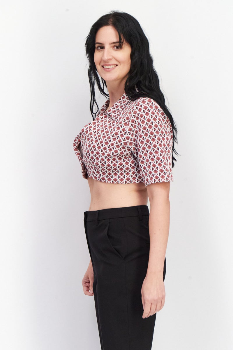 Asos Design Women Spread Collar Short Sleeve Textured Blouse, Brown  - Image 4