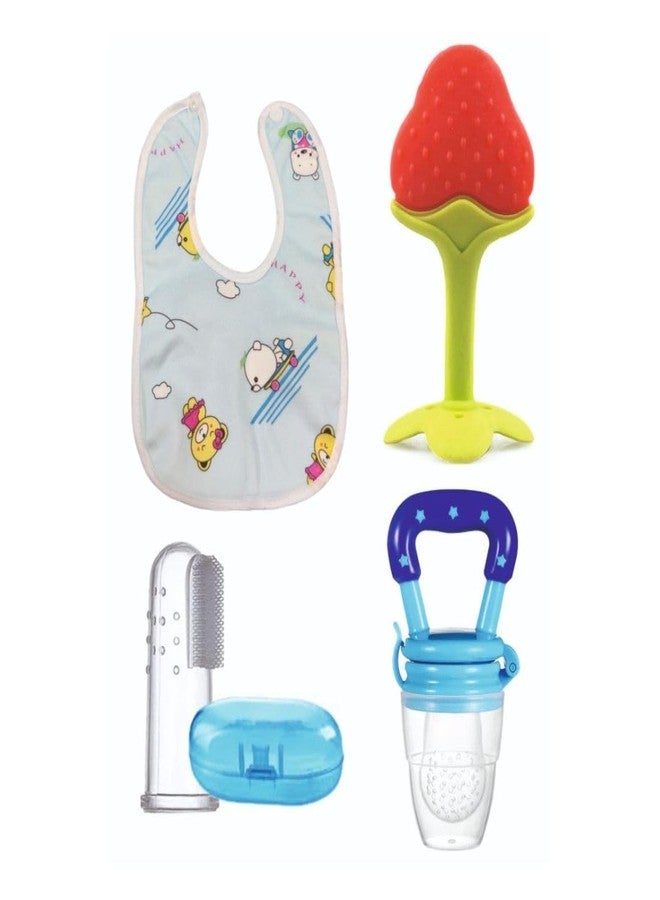 ROFORUF 4-in-1 Baby Feeding & Teething Combo | Fruit Shape Silicone Teether, Food Feeder Pacifier, Finger Toothbrush with Case & Waterproof Bib | BPA-Free Infant Oral Care Set (Pack of 4) (Blue) - Image 1
