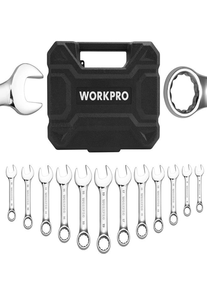 ووركبرو مجموعة مفاتيح ربط قصيرة من WORKPRO، مكونة من 12 قطعة، قياس متري 8-19 مم، مصنوعة من فولاذ Cr-V، مجموعة مفاتيح ربط صغيرة مع حقيبة تخزين فاخرة - Image 1