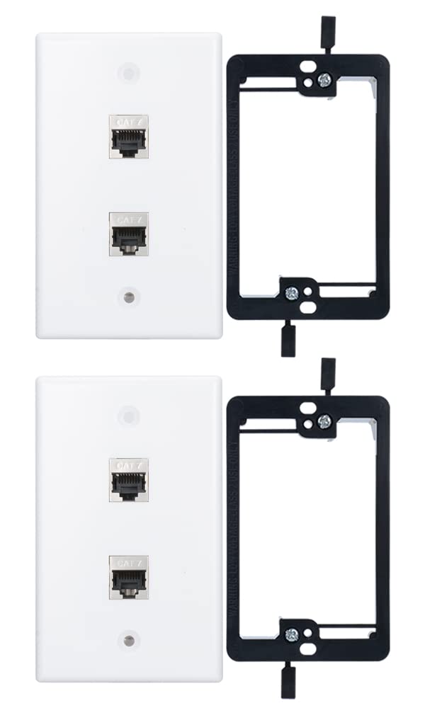 YOEMELY RJ45 Wall Plate 2 Port, Single Gang Cat7 Wall Plate with Metal Shielded Cat 7 Ethernet Coupler, 1 Gang Low Voltage Mounting Bracket for Networking Cables (White, 2 Pack) - Image 1