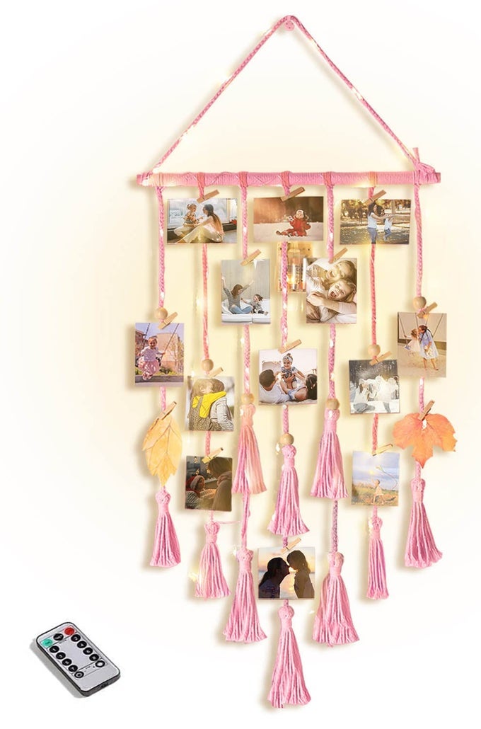 Hanging Photo Display Wall Decor Pink Macrame Wall Hanging Boho Room Bedroom Decor Picture Frame Collage with Remote Light 30 Clips Christmas Teenage Teen Girl Gifts Ages 10 11 12 13 14 Years Old