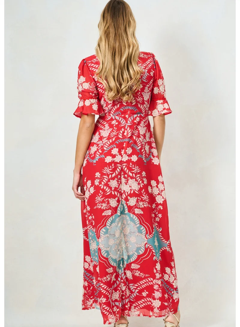 هوب اند ايفي فستان ماكسي بفتحة فخذ وأكمام مكشكشة وزخرفة دانتيل