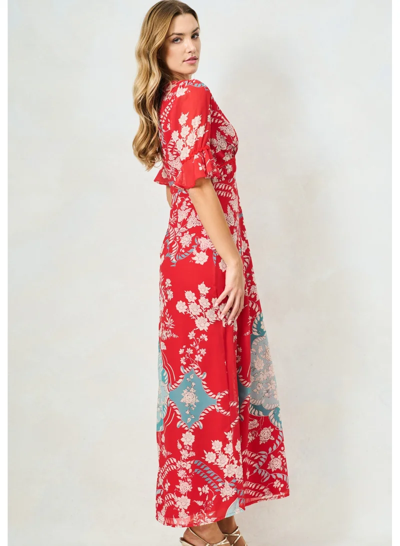 Hope & Ivy  Frill Sleeve Thigh Split Maxi Dress With Lace Trim for Women | Best Price UAE