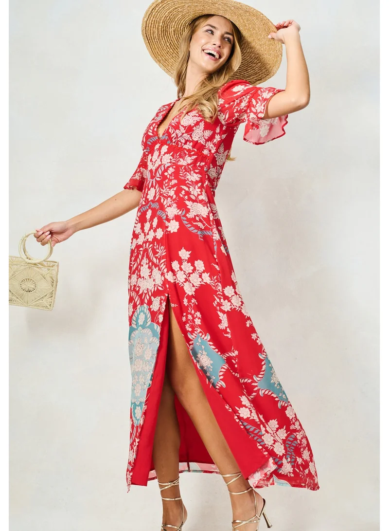 Hope & Ivy  Frill Sleeve Thigh Split Maxi Dress With Lace Trim for Women | Best Price UAE