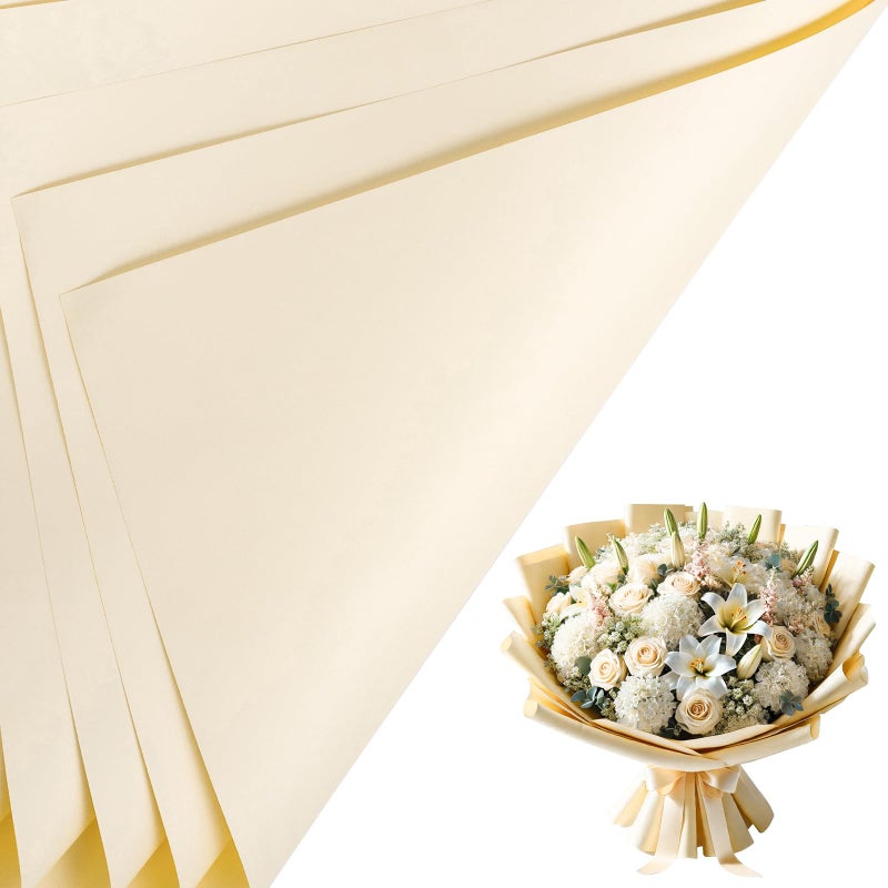 LeZakaa 20 Sheets Flower Wrapping Paper - Waterproof Reversible Floral Bouquet Paper - Cream Yellow Design for Valentine's Day, Mother's Day, Parties, Birthdays, Weddings, Baby Shower - Image 1