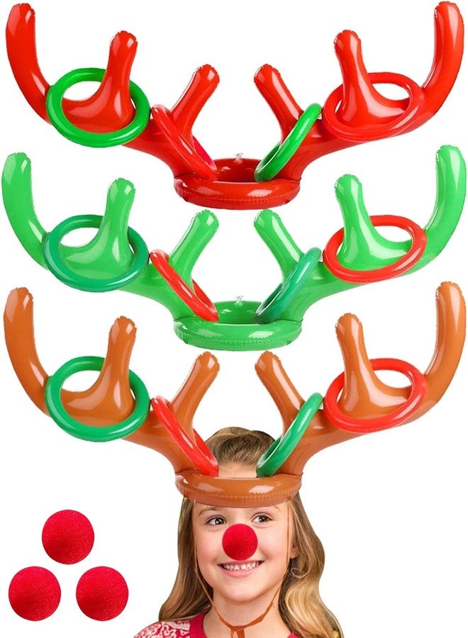 Camlinbo 18 Pieces Inflatable Reindeer Antler Ring Toss Christmas Games 2 Colors Antler Hats Christmas Party decorations for Kids Adults Family Xmas Carnival Party Toys(3 Antler Hat, 12 Rings, 3 Reindeer Nose) - Image 1