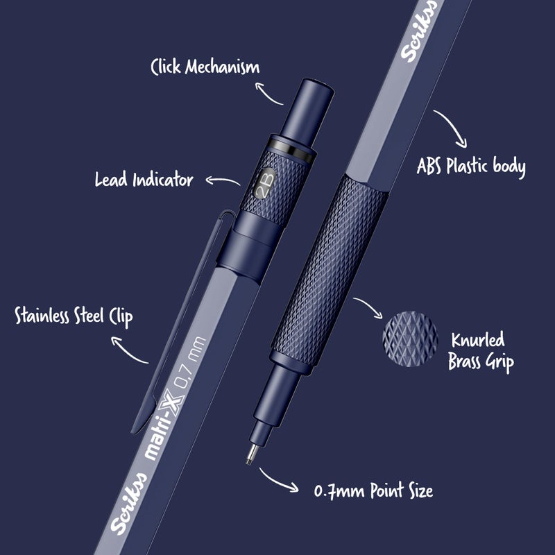 Scrikss 0.7mm Mechanical Clutch Lead Pen Pencil Dark Blue Body Matri-X Series Eraser Included - Image 2