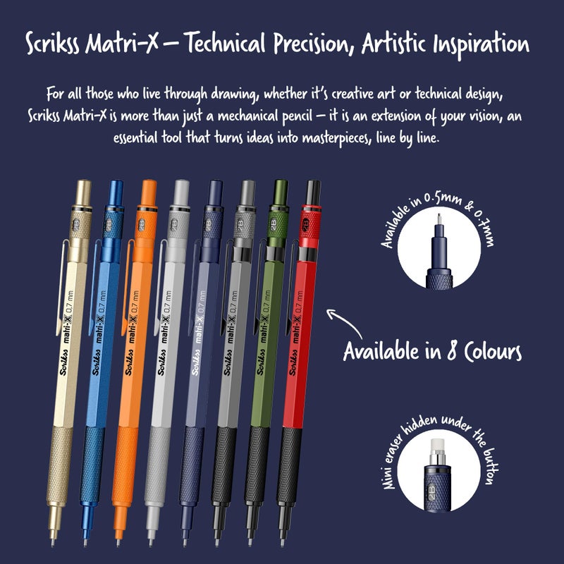 Scrikss 0.7mm Mechanical Clutch Lead Pen Pencil Dark Blue Body Matri-X Series Eraser Included - Image 5