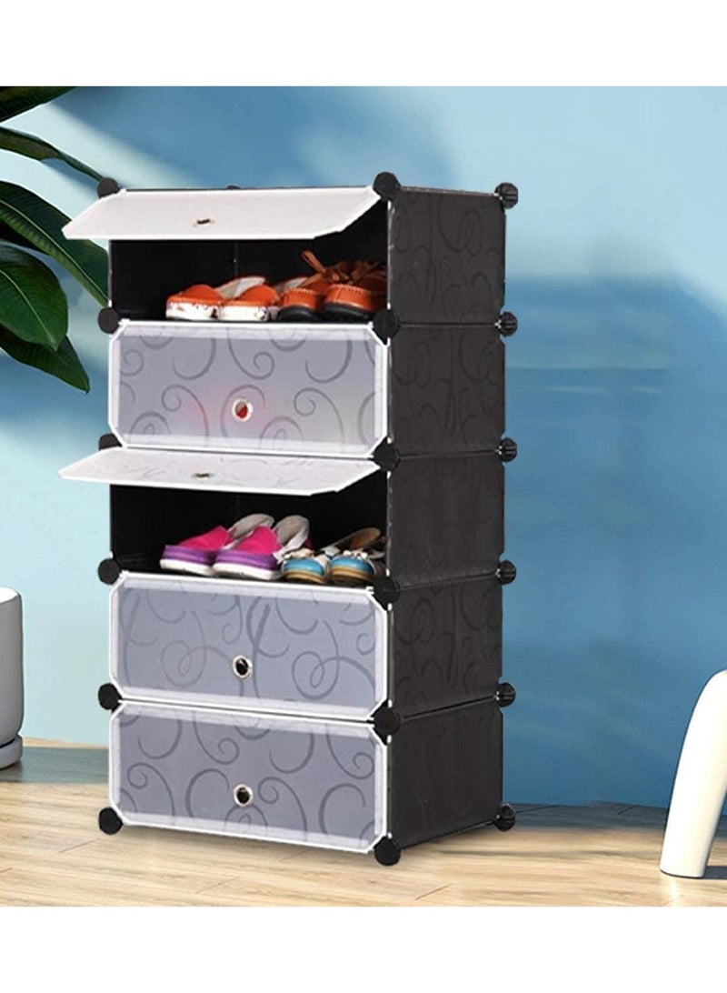 DeloPik رف أحذية 5 مكعبات DIY خزانة أحذية بلاستيكية مع أبواب منظمة أحذية قابلة للنقل برج رف قابل للتوسيع موفر للمساحة لمدخل المنزل والممر والخزانة - Image 2