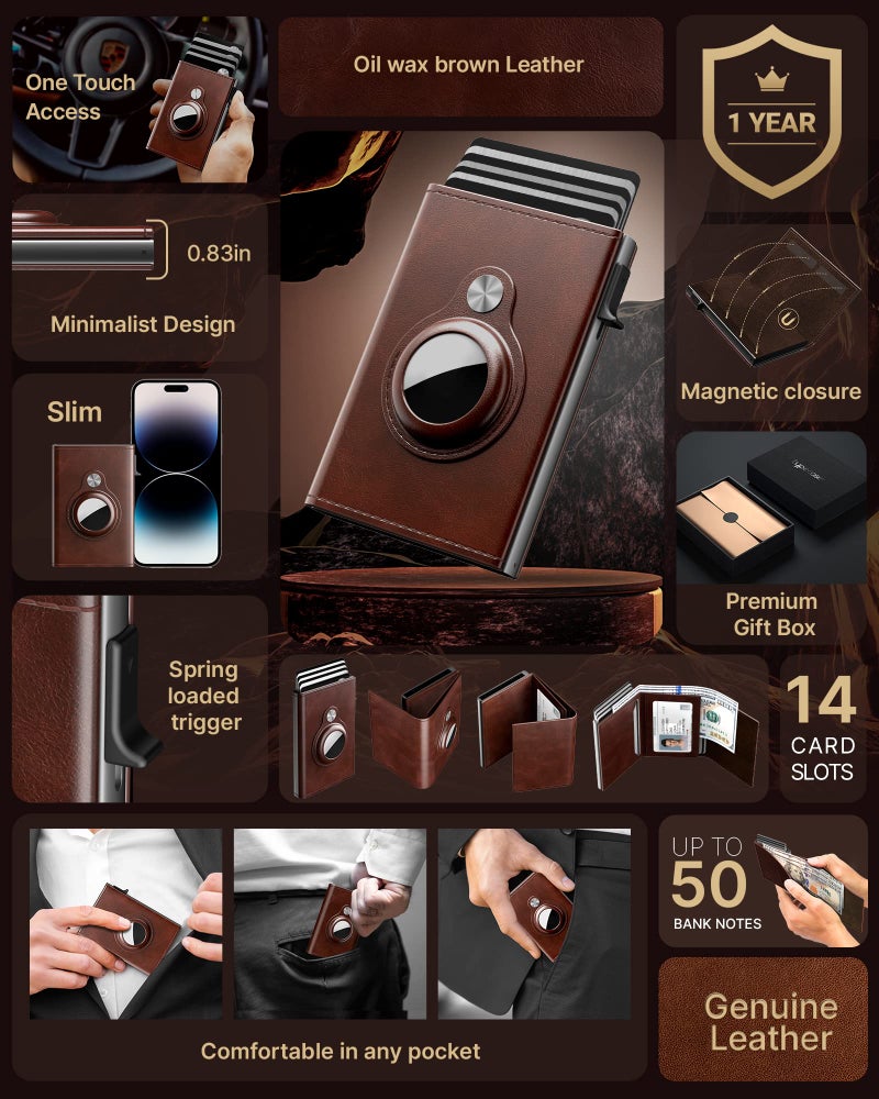 typecase Mens Wallet Card Holder for AirTag: Leather Smart Wallet for Men Compatible with Apple Air Tag, RFID Blocking, Slim, Minimalist - 9-14 Card Capacity | ID Window | Cash Slot (Brown) - Image 2