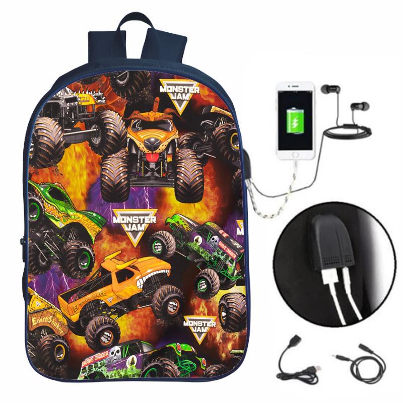 Monster Jam Monster Truck Primary And Secondary School Students School Bag Usb Charging Kidsren'S Backpack Boys And Girls Backpack - Image 3