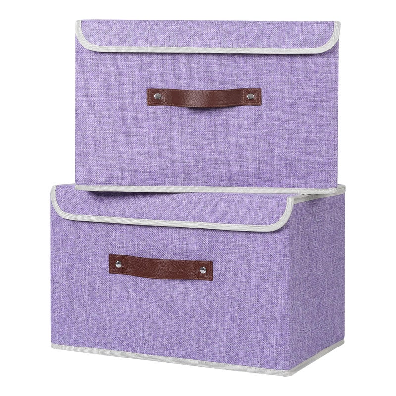 ANMINY 2PCS Storage Bins with Lid PU Leather Handles Storage Boxes PP Plastic Board Decorative Foldable Lidded Cotton Linen Fabric Home Cubes Baskets Closet Organizer Containers - Purple, Large Size - Image 1