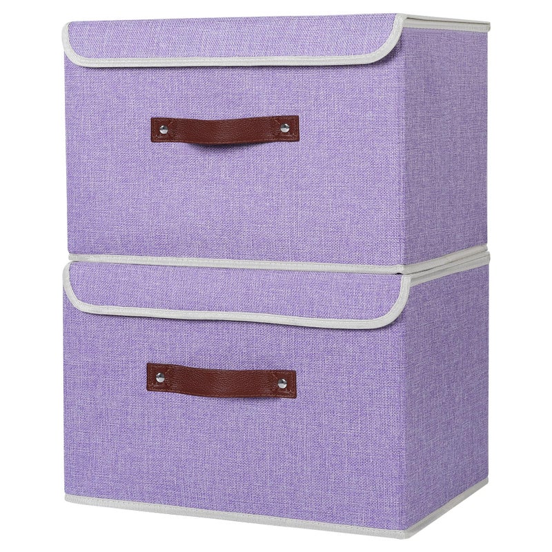ANMINY 2PCS Storage Bins with Lid PU Leather Handles Storage Boxes PP Plastic Board Decorative Foldable Lidded Cotton Linen Fabric Home Cubes Baskets Closet Organizer Containers - Purple, Large Size - Image 2