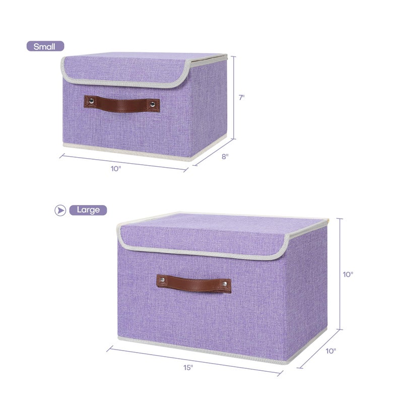 ANMINY 2PCS Storage Bins with Lid PU Leather Handles Storage Boxes PP Plastic Board Decorative Foldable Lidded Cotton Linen Fabric Home Cubes Baskets Closet Organizer Containers - Purple, Large Size - Image 5