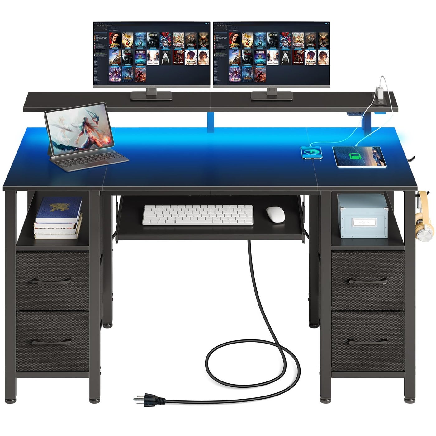 Seventable Computer Desk 551 with LED Lights Power Outlets Home Office Desk with 4 Drawers Writing Desk with Keyboard Tray Study De sk with Monitor Stand Work for Home Office Black