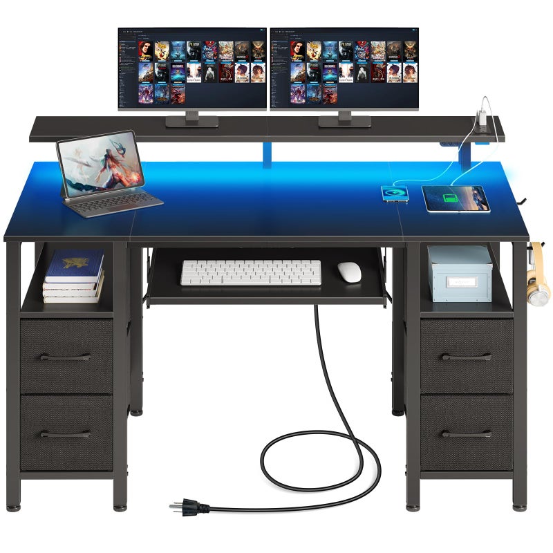 Seventable Computer Desk 551 with LED Lights  Power Outlets Home Office Desk with 4 Drawers Writing Desk with Keyboard Tray Study De sk with Monitor Stand Work for Home Office Black