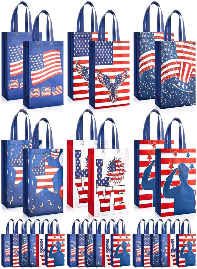 SilTriangle 30 Pcs 4th of July Gift Bags, Patriotic American Flag Tote Bag with Handles, Non Woven Red White Blue Goodie Treat Bags for Independence Day Memorial Veterans Day, 12.6 x 9.84 x 4.33'' - Image 1