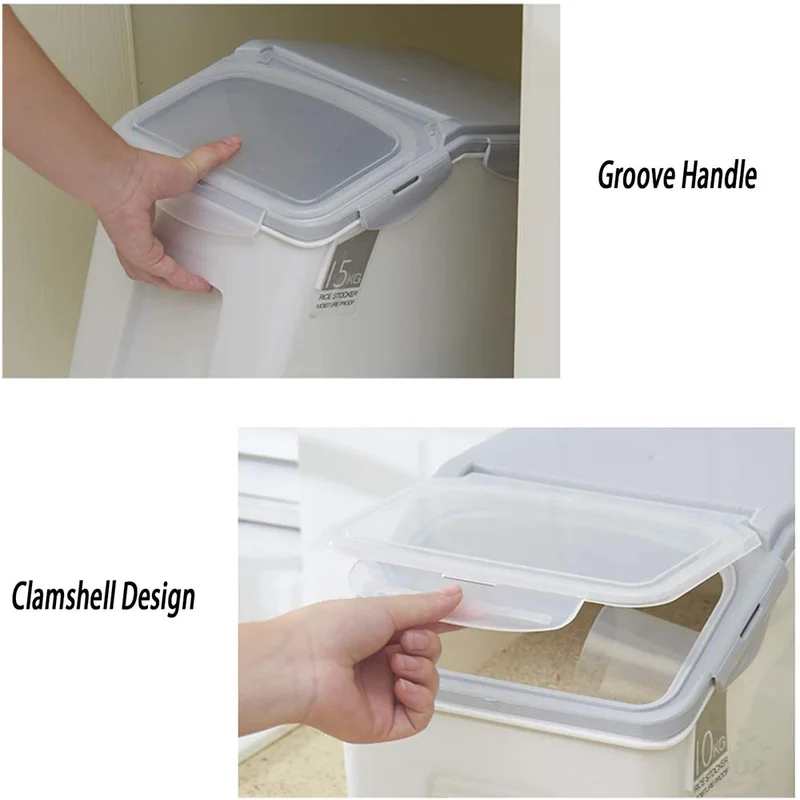 Casa Quesera Grain Rice Storage Bin Food Containers Set Leak Proof Locking Lid, Large Storage Boxes Plastic Cereal Pet Food 15kg(18L), Grey,2packs