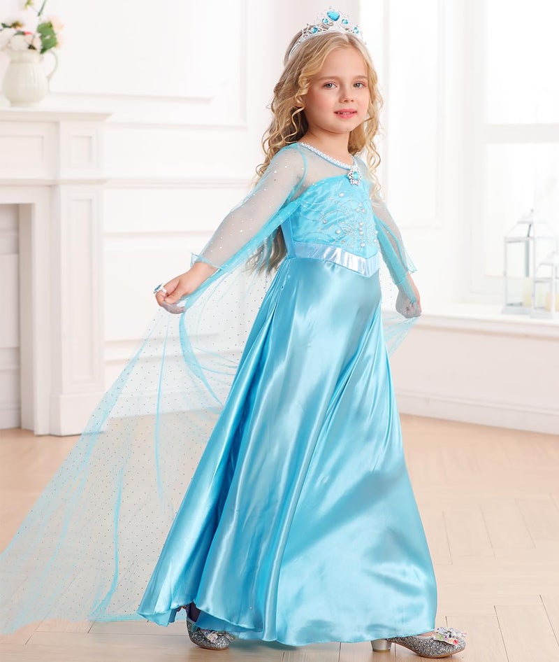 Luzlen Elsa Dress for Girls Toddler Snow Princess Costume Blue with Wig Halloween Birthday Party Dress Up Outfits, 4-5T(Tag 120) - Image 3