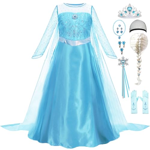 Luzlen Elsa Dress for Girls Toddler Snow Princess Costume Blue with Wig Halloween Birthday Party Dress Up Outfits, 4-5T(Tag 120) - Image 1
