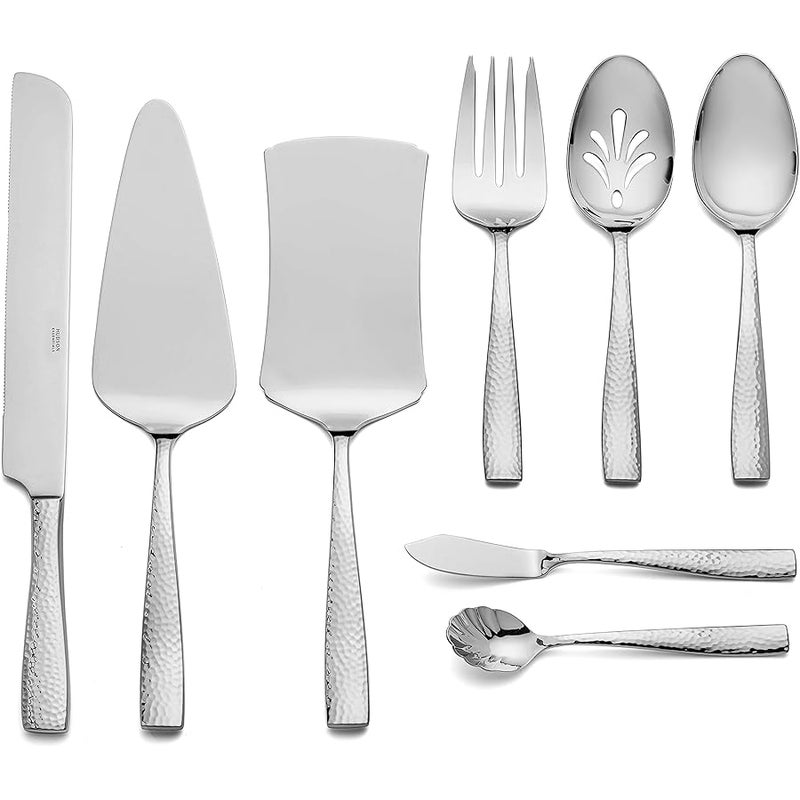 Hudson Essentials 8-Piece Hammered 18/10 Stainless Steel Flatware Serving Set - Hostess Silverware with Cake Knife u0026 Cake Server - Image 1