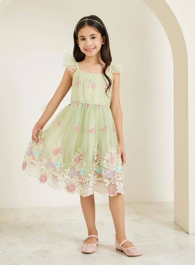Styli Girls Green Floral Embroidered Strappy Dress
