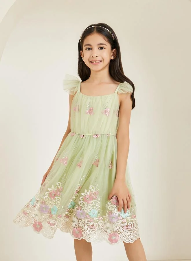 Styli Girls Green Floral Embroidered Strappy Dress