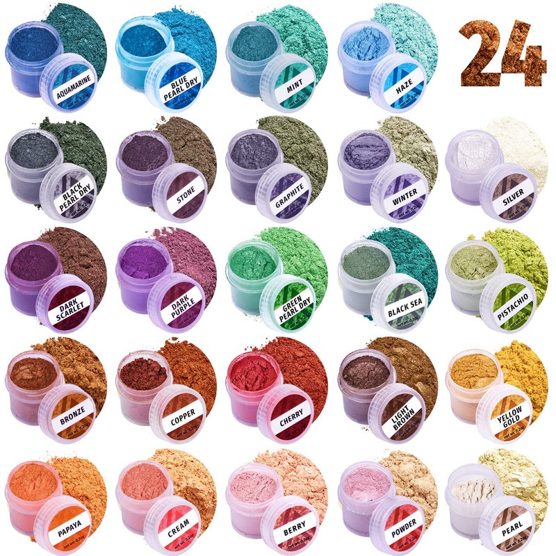 Soap Shop Mica Powder for Resin Coloring 24 Jars Colors Set - Pigment Powder for Nails â€“ Cosmetic Grade Mica Powder for Skin - Epoxy Resin Color Pigment Powder â€“ Resin Dye Mica Powder for Soap - Image 1